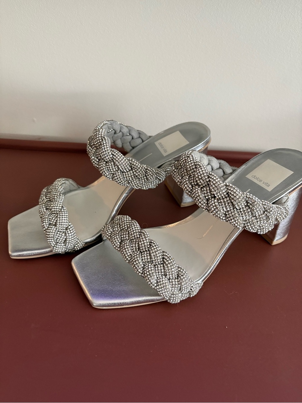 Dolce Vita Paily Rhinestone Silver Braided Beaded Block Heel Sandals